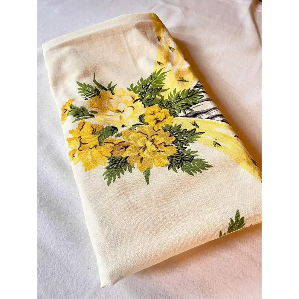 Vintage Yellow and Orange Floral Tablecloth with Swag Fringe Pattern